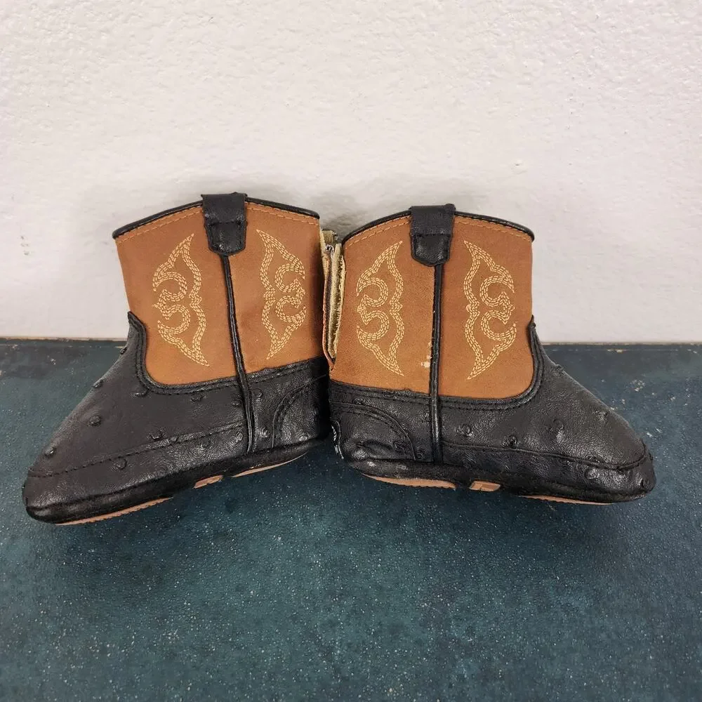 DBL Barrel Faux Ostrich Black Western Infant Boots Hook & Loop Closure